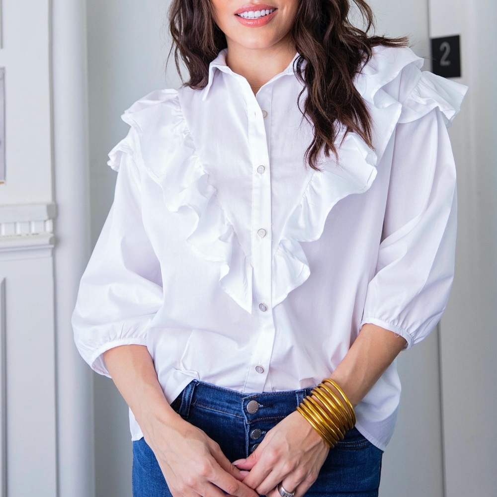 Karlie White Poplin Ruffle Top Blouse Button Down